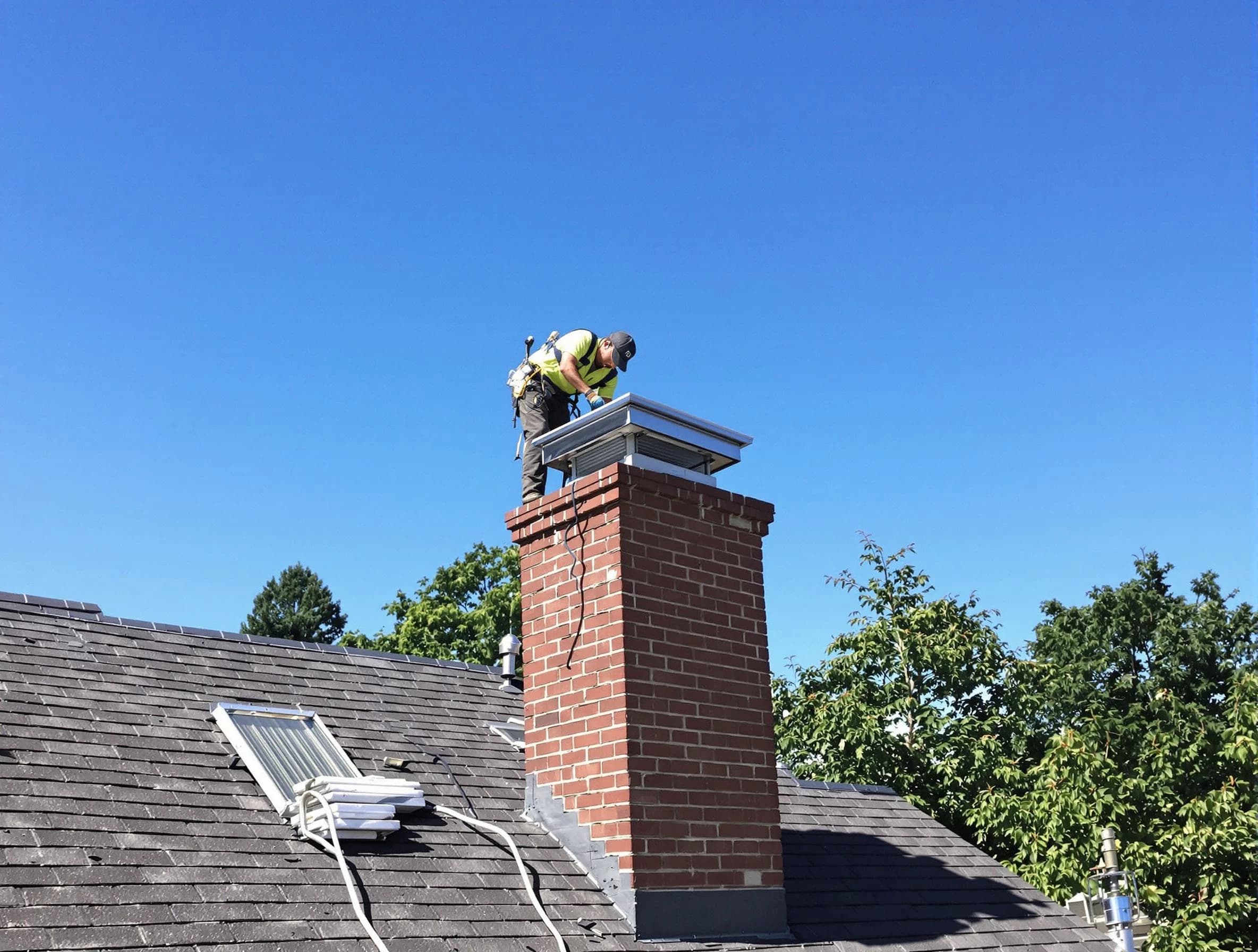 Monessen Chimney Sweep technician measuring a chimney cap in Monessen, PA